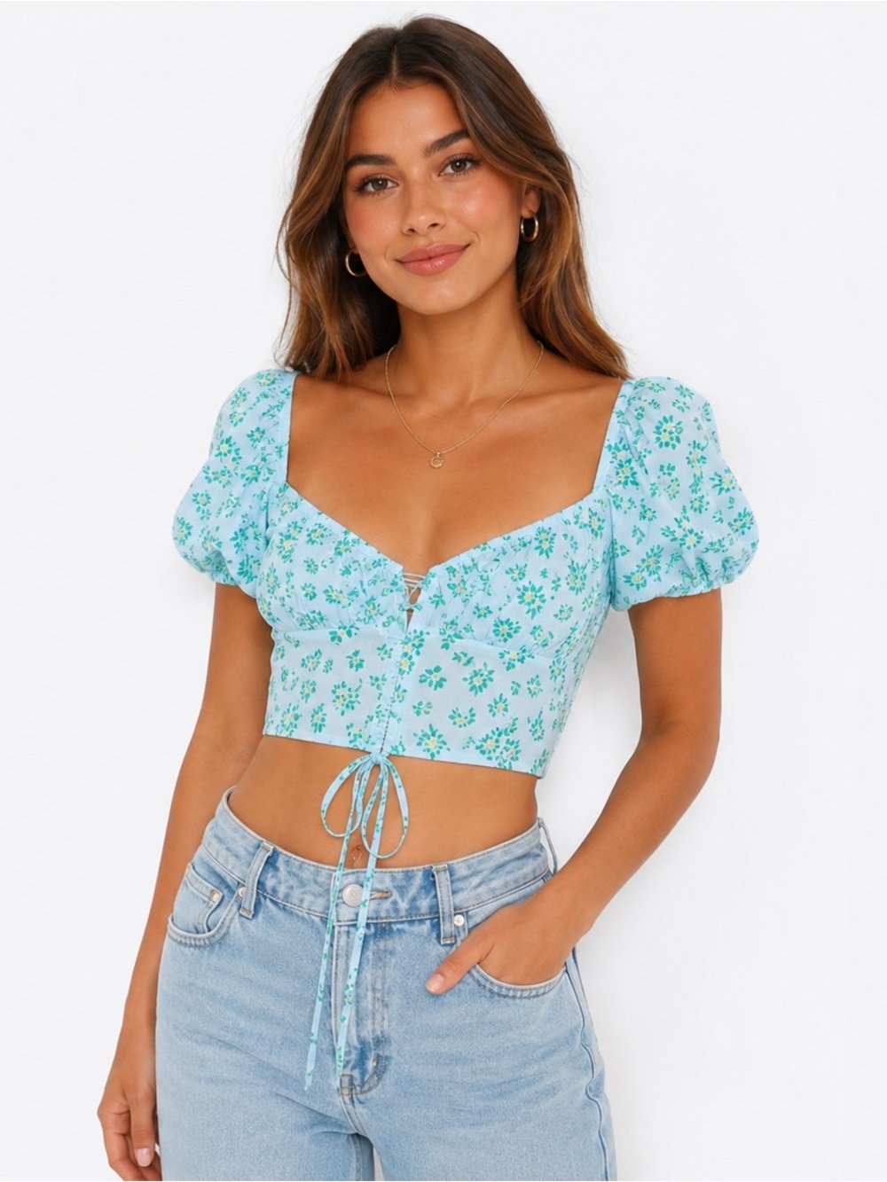 Zara Aqua Floral Puff-Sleeve Tie-Front Crop Top